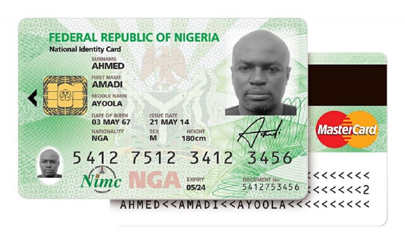 NIMC National Identity Card with MasterCard branding — Federal Republic of Nigeria National Identity Card showing chip, photo, and NGA designation