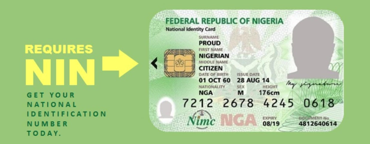 Nigerian National Identity Card showing NIN requirement — Federal Republic of Nigeria National Identity Card issued by NIMC